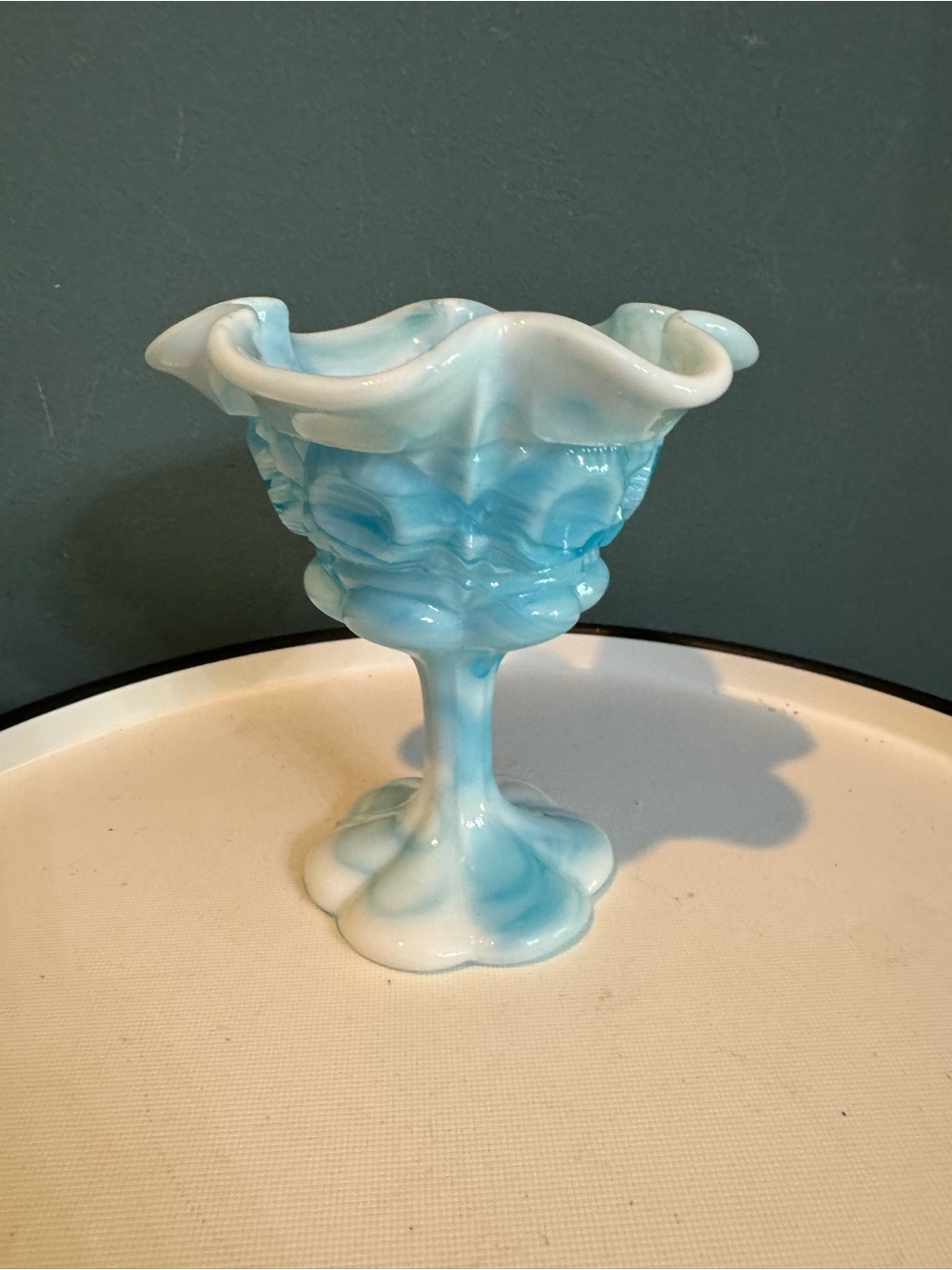 Vintage Kanawha Slag Glass Blue and White Marbled Pedestal Compote Dish 6" Tall